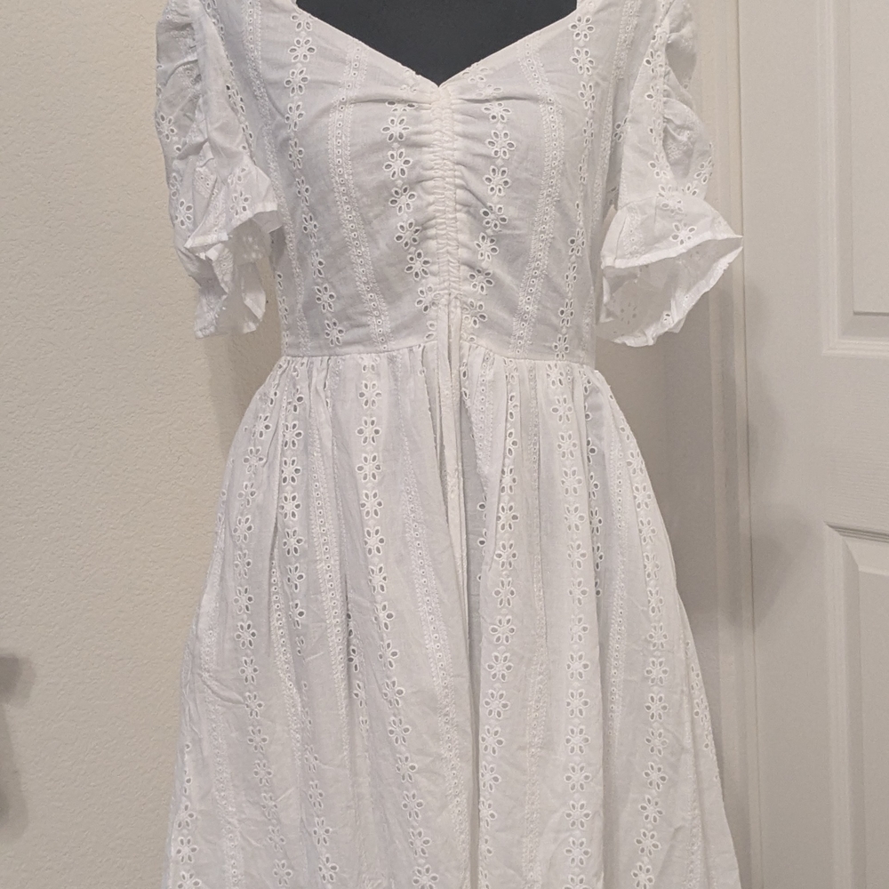 Smak Parlour White Eyelet Cottagecore Dress Puff Sleeve Ruched Bodice Size M